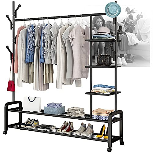 FGHUF Schwerlast Metall Kleiderständer Auf Rollen 4-lagiges Lagerregal Mobiler Garderobenständer Mit 1 Kleiderstange Für Schlafzimmer Waschküche, 145 X 34 X 173cm