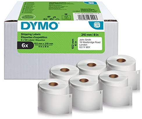 DYMO LW autentiska fraktetiketter för LabelWriter 5XL/4XL | 102 mm x 210 mm | 6 rullar 140 etiketter som är lätta att skala av (840 st) | svart tryck på vit bakgrund