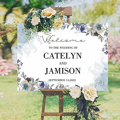 Panneau de bienvenue en bois rustique bleu floral pour mariage - Panneau de bienvenue de mariage de luxe - Idéal pour fête prénuptiale, fiançailles, anniversaire de mariage - 45,7 x 61 cm