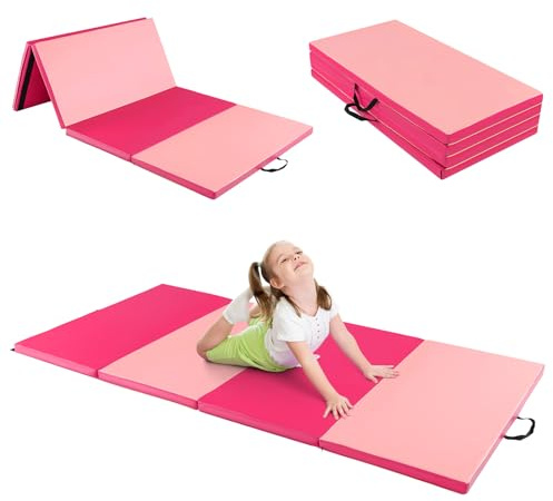 COSTWAY 240 x 120 x 5 cm mjuk golvmatta, gymnastikmatta, vikbar, yogamatta med kardborreband och 2 bärhandtag, gymnastikmatta, fällmatta, fitnessmatta för gymnastik, yoga, träning (röd + rosa)