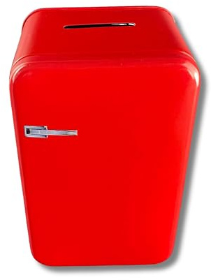 Spardose Retro Kühlschrank rot rechteckig mit Sparschlitz | L/B/H 8,6 x 6,5 x 14,0 cm