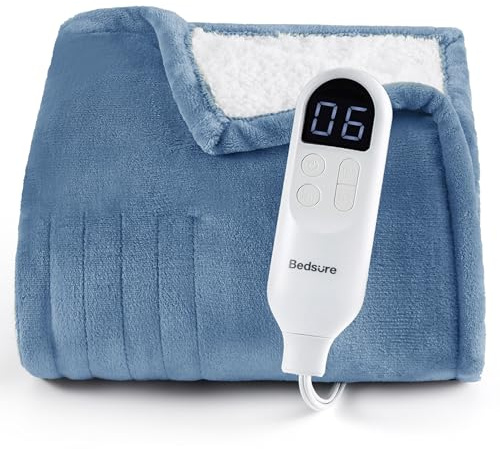 Bedsure Heated Blanket Throw Blanket - Fast Heating Electric Blanket, Soft Flannel Throw with 6 Time Settings(Up to 10H), 6 Heating Settings, Gifts for Grandma Grandpa Seniors (50x60, Blue)