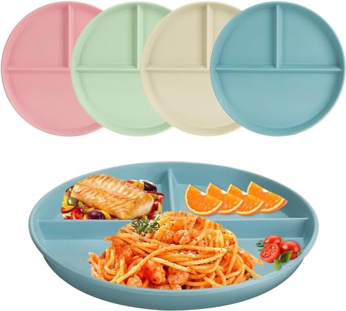 CSYY Set di piatti piani divisi da 22,9 cm, 4 piatti dietetici infrangibili, per controllo delle porzioni, piatti da picnic profondi, riutilizzabili, set di piatti da dessert per adulti, bambini e