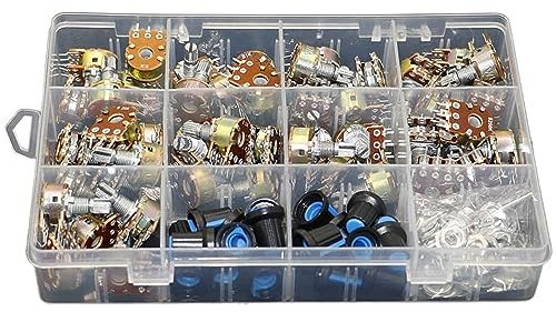 BIRGI 45pcs Wh148 Dual Gang Stereo 6pin Potentiometer kit 1k 5k 10k 20k 50k 100k 250k 500k 1M with knobs Single Shaft Nuts+Box