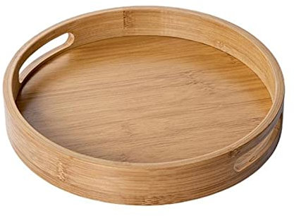 ArinkO Bandeja Redonda de Madera para Servir Alimentos y Bebidas - Fuente Multiusos de tamaño Mediano