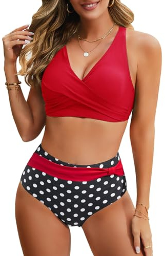 Nadeer Costume Donna Due Pezzi Costume da Bagno Push up Imbottito Reggiseno Bikini Costumi da Mare a Vita Alta Swimwear Regolabile(Rosso,XXL)