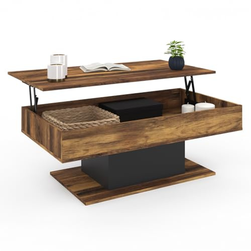 IDMarket - Mesa baja con tapa plegable rectangular Eden en madera oscura con efecto envejecido y negro