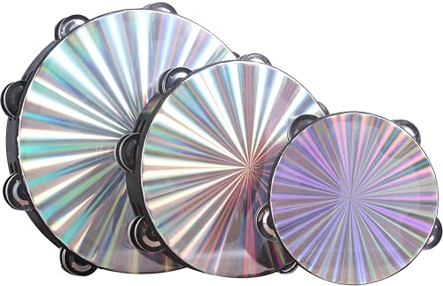 3 Pack Radiant Tambourine Hand Held Drum 6/8/10 Inch Double Row Jingles Reflective Tambourines for Adults, Musical Instrumen for Church, Party,Dance,KTV