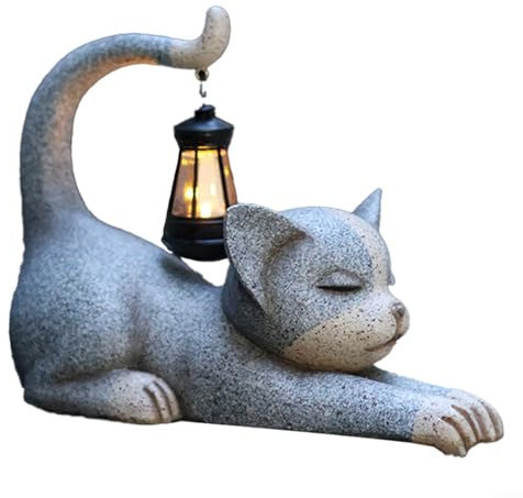 Gartenfigur Katze mit Solarlaterne - Lustige wasserdichte Solarlampe für den Außenbereich, Deko für Balkon und Terrasse, Geschenk für Frauen, Männer, Mama zum Geburtstag(grauer Katzenschwanz)