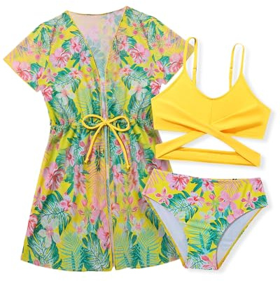 Trsenvrml Girls Swimming Costume Kids 3 Piece Bikini Set Swimsuit Tops + Briefs + Swim Cover-ups for Beach Pool(Yellow, 9-10 Years)
