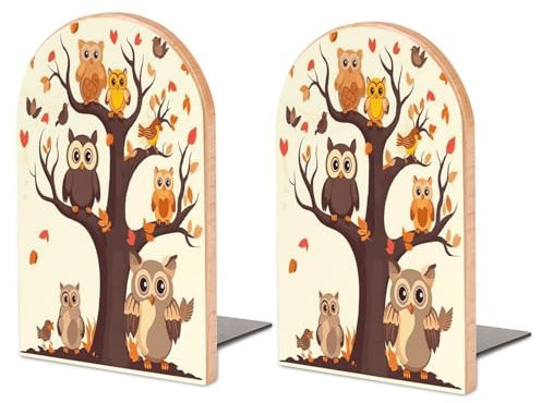 Robuste Buchstützen, Cartoon-Familie, Eulen-Druck, Holz-Buchstütze, dekorative Buchstützen, rutschfeste Buchstütze für Regale (1 Paar, groß)