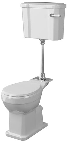 Balterley Low Level Toilet Pan, Cistern, Flush Pipe Kit & Soft Close Seat, Traditional Bathroom Toilet Unit, Round Seat Pan & Chrome Lever Handle Toilets for Bathrooms - 353 x 690 x 450mm (White)