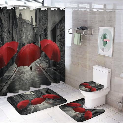 CAEITLRSO Juego de 4 Piezas de Cortinas de Ducha,Rojo Paraguas Alfombra baño Antideslizante + Tapa Inodoro + Cortina Ducha Resistente al Moho 3D Impresión De Baño Accesorios (Piedra Edificio)