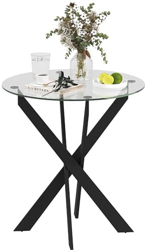 HOMCOM Esstisch, Rund Küchentisch für 4 Personen, Glas Esszimmertisch mit Stahlbeinen, Tischplatte aus Hartglas, für Esszimmer, Küche, Ø70 x 75 cm, Modern Design, Schwarz+Transparent