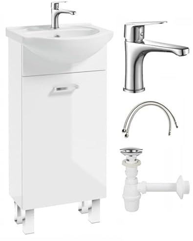 .Deftrans Badezimmerschrank mit Waschbecken und Waschtischarmatur, 40 x 84 x 20 cm weißer stehend Waschbeckenschrank kleine mit waschtischarmatur gäste wc