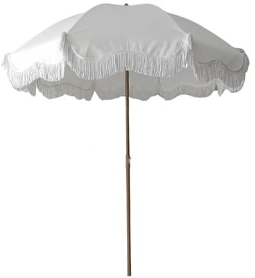 HUIBBGO Ombrellone con Frange da 200 cm/6,5 Piedi, ombrellone da Giardino, ombrellone da Spiaggia con Nappa Boho, ombrellone da Balcone Bianco Antivento per Feste, per Giardino, Picnic, Piscina