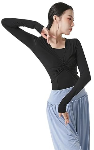 HEARTTOUCH Zweiteiler Damen Ballettjacke Tanzjacke Halb/Langarm Wickelbluse Ballett Yoga Tanz Oberteil Gym Fitness Tops Sportshirt Tanzbekleidung (A Schwraz,M)