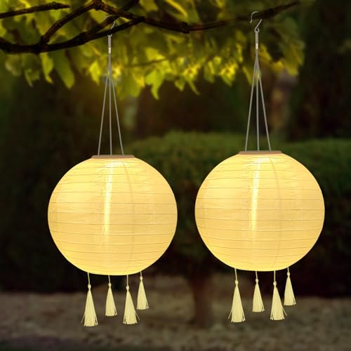 YIFMOO Solar Lampions, 2 Stück 30 CM Solarlaterne Außen Wetterfest, LED Wasserdicht Lampion mit 4 Quaste, Hängende Nylon Laterne für Gärten, Höfen, Balkonen, Hochzeit Dekoration (Warmweiß)