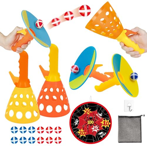 JOY SPOT! Spider Web Target Pop Pass Catch Ball Game - Outdoor Toys for Kids with 4 Launchers, 12 Sticky Balls & Mesh Bag, Fun Indoor Outdoor Toss & Catch Toy Gifts for Boys Girls Ages 3 4 5 6 7 8+
