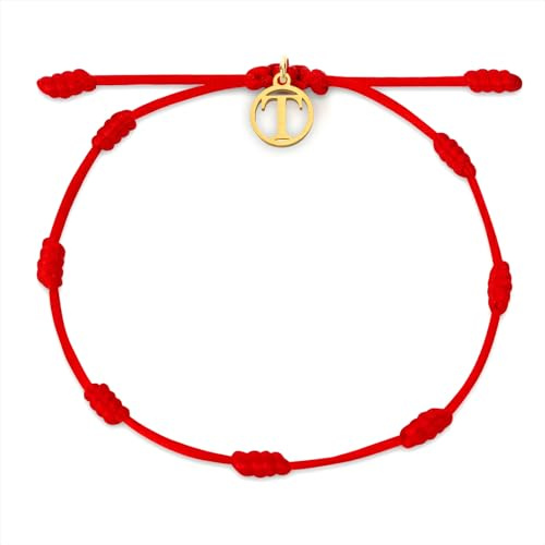 Aurigian Red String Bracelet with Initial T Charm, 7 Knots, Adjustable | Silk cord with a small gold-tone initial charm and sliding knot; seven-knot design; one bracelet for women and men