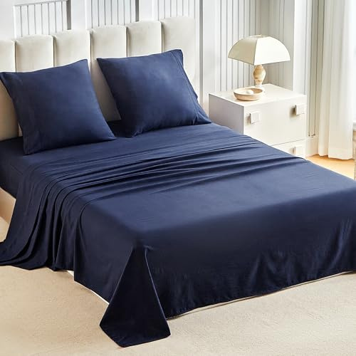 Tokokimo Parure de Lit 180x200 - Ensemble de Draps 4 Pièces 2 Personnes - Drap Housse 180x200 + Drap Plat 240x260 + 2 Taies 65x65 - Coton Lavé Aspect Délavé Polyester,Bleu