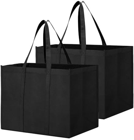 Sernvaloq 2 Pcs Shopping Bags Foldable, Black Reusable Grocery Tote Bags, Washable Large Shopping Bag with Handle-Hold for Daily Life, Picnic, Camping