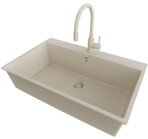 PRIMAGRAN Lavandino da Cucina al Mobile 80cm + Rubinetto, 78x50cm | Set: Rubinetto BW6020 + Kit di scarico + Lavello in Granito a 1 Vasca - Riga, Tutto Beige