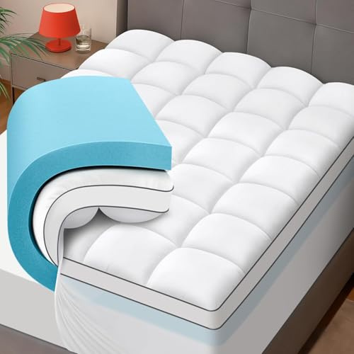 JURLYNE Dual Layer 4 Inch Memory Foam Mattress Topper King Size - 2 Inch Cooling Gel Memory Foam Plus 2 Inch Pillow Top Thick Mattress Pad - Pressure-Relieving Comfort