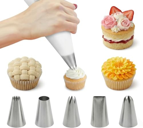 Large Reusable Piping Bag Set, 40 cm Silicone Icing Bags with 5 Stainless Steel Nozzles, Cake Decorating Kit for Cream, Foam & Sugar Pastries, Non-Slip Baking Supplies for Cupcakes