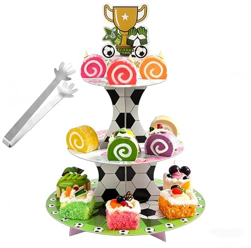 Soporte para tartas de fútbol, con pinzas para azúcar, 3 niveles, soporte para cupcakes, de cartón, para cumpleaños, decoración de mesa, fiesta de cumpleaños (verde 1)