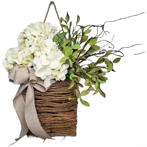 Cesta de flores artificiales de hortensias, 35 x 20 x 8 cm, arreglo floral colgante para decoración de puerta delantera, diseño de ratán de granja con flores de seda para el hogar de primavera o lugar