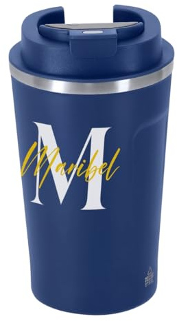 DEREGALOOS Vaso Térmico Personalizado con Nombre/Imagen. Vaso Reutilizable de Acero Inoxidable con Indicador de Temperatura Táctil. Para Café o Té. Capacidad de 400ml (Inicial + Nombre, Azul)