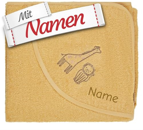 Sterntaler Baby Kapuzenbadetuch mit Namen Bestickt Giraffe Kaya und Löwe, Badetuch personalisiert mit niedlicher Applikation für Babys und Kleinkinder, Ocker