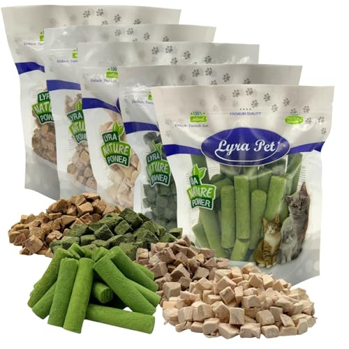 Lyra Pet® 1 kg (5 x 200 g) Katzensnack Mix gefriergetrocknet 5 Sorten | 5 Sorten mit Huhn, Ente & Katzengras - deal auch für Kitten & Senioren - Getreidefrei & proteinreich - Belohnung für Katzen
