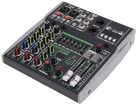 Bewinner Mixer Audio Bluetooth a 4 Canali per Registrazione Karaoke Dal, Processore di Segnale Digitale, EQ a 7 Bande, Uscita AUX, compatibilità USB e connettività Wireless (Spina europea)
