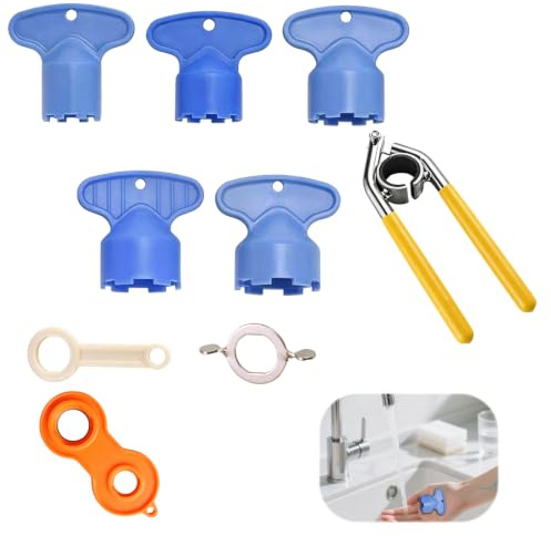 9PCS Faucet Aerator Key Set, Tap Aerator Removal Tool for Bathroom Kitchen Faucet Replacement, Plastic Tap Aerator Wrench with Metal Handle for Low Water Pressure Repair and Maintenance