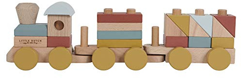 Little Dutch 4702 FSC Holz Eisenbahn Zug Lokomotive mit Steckformen Pure & Nature Vintage rot gelb blau 45x8x13,5 cm