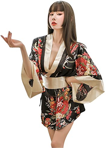 Costume da kimono giapponese tradizionale da donna, stile yukata, pigiama sexy - nero - L