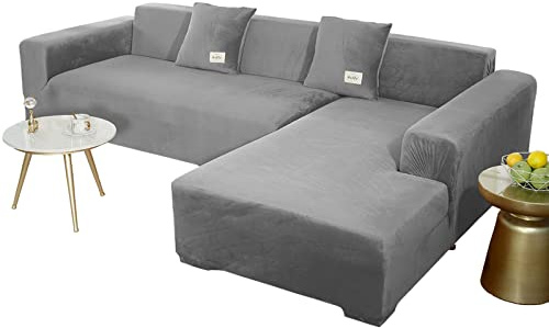JHLD Stretch Samt Sofabezug L Form-grau-3 Sitzer+4 Sitzer | Weich Bequem Anti-rutsch überzug ecksofa Waschbarer Für Kinder Haustiere Hunde Katzen