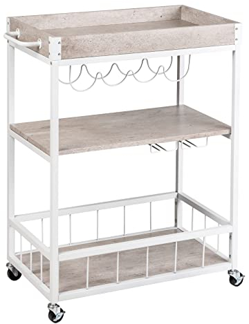 Wenko Carrello da cucina Rustico, 3 ripiani, carrello di servizio 4 rotelle, isola cucina con portabicchieri e portabottiglie, 80 x 89,5 x 40 cm, carrello in metallo laccato e MDF, calcestruzzo/bianco