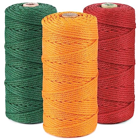 ilauke - Set di 3 filati di cotone macramè, 3 mm, per progetti fai da te, 3 x 100 m, corda di cotone per arazzo da parete macramè, acchiappasogni, fioriera, rosso + verde + oro