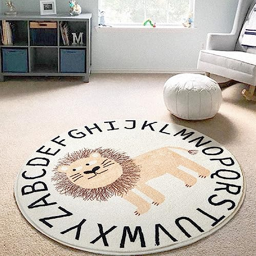 Sedefen Teppich Rund 100cm Kinderzimmer Mädchen Tiere Motive Löwe Weiß Kinderteppich Waschmaschinenfest rutschfest Flauschig Teppich für Schlafzimmer Wohnzimmer
