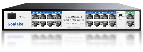 Goalake Managed PoE-omkopplare med 16 Gigabit PoE+ @240 W inbyggd ström, 2 Uplink Gigabit-port + 1 Combo SFP-platser, IEEE802.3af/at, metallhölje, VLAN-läge, AI-funktion, Plug & Play-rack monterbar
