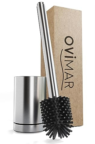 ovimar Toilettenbürste Arosund Silber | Silikon Klobürste | Belüftungsfunktion | frei stehend | Edelstahl WC Bürstenkopf | mit Tank für Reinigungsmittel | abnehmbare Tropfschale | WC Bürste