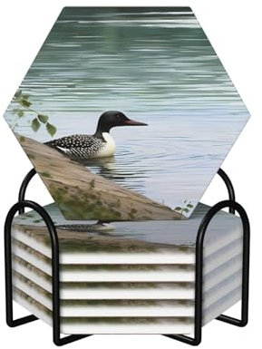 EVANEM Untersetzer für Getränke Keramik Untersetzer 6er Set Getränkeuntersetzer mit Metallhalter Loon Nature Birds Cup Coaster Kork Rückseite Stein Untersetzer für Hochzeit Home Decor