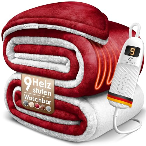 KESSER® Heizdecke mit Abschaltautomatik 200x180cm Doppelseitig Elektrische Wärmedecke | Kuscheldecke Bett, Sofa | 9 Temperaturstufen | waschbar bis 40°C | mit Timer Digitalanzeige Bordeaux Rot