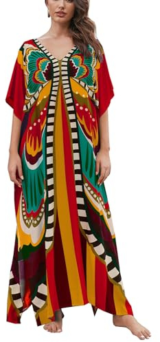 L-Peach - Vestido de playa de verano largo con estampado étnico para mujer, kimono, caftán, para cubrir el traje de baño, Altoa única