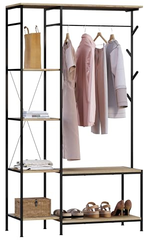 eSituro Kleiderständer, Garderobenständer, freistehende Garderobe mit Sitzbank, 3 in 1 Design, mit 4-stufigem Regal 4 Haken 1 Kleiderstange, 100x175x40 cm, helle Eiche Schwarz