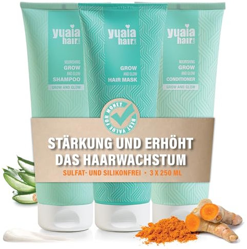 Yuaia Haircare Série de soins capillaires Grow and Glow : shampooing, après-shampooing, masque capillaire | Capilia Longa et d'Amaranthus Caudatus pour des cheveux plus forts et plus volumineux.