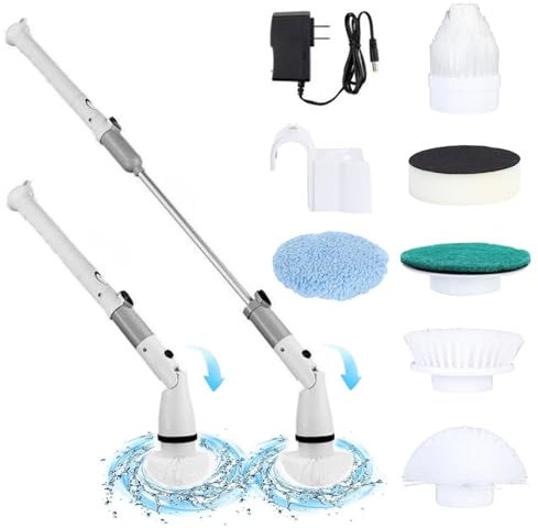 locwanot Electric Spin Scrubber 2024 New Cordless Shower Cleaner Bathroom Cleaning Brush with 4 Replaceable Brush Heads and Adjustable Extension Handle for Tile Tub Kitchen Floor Bathroom UK-Grey